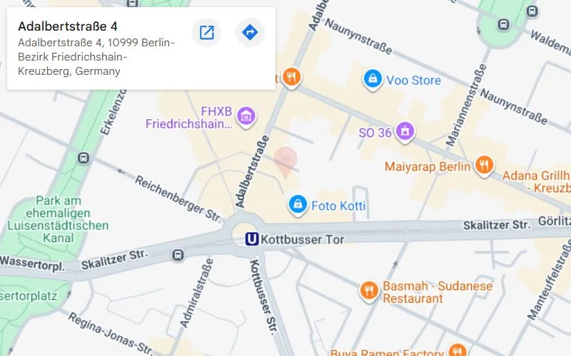 Map of Adalbertstr. 4, 10999 Berlin next to Kottbusser Tor, the location of KOTTIWORX